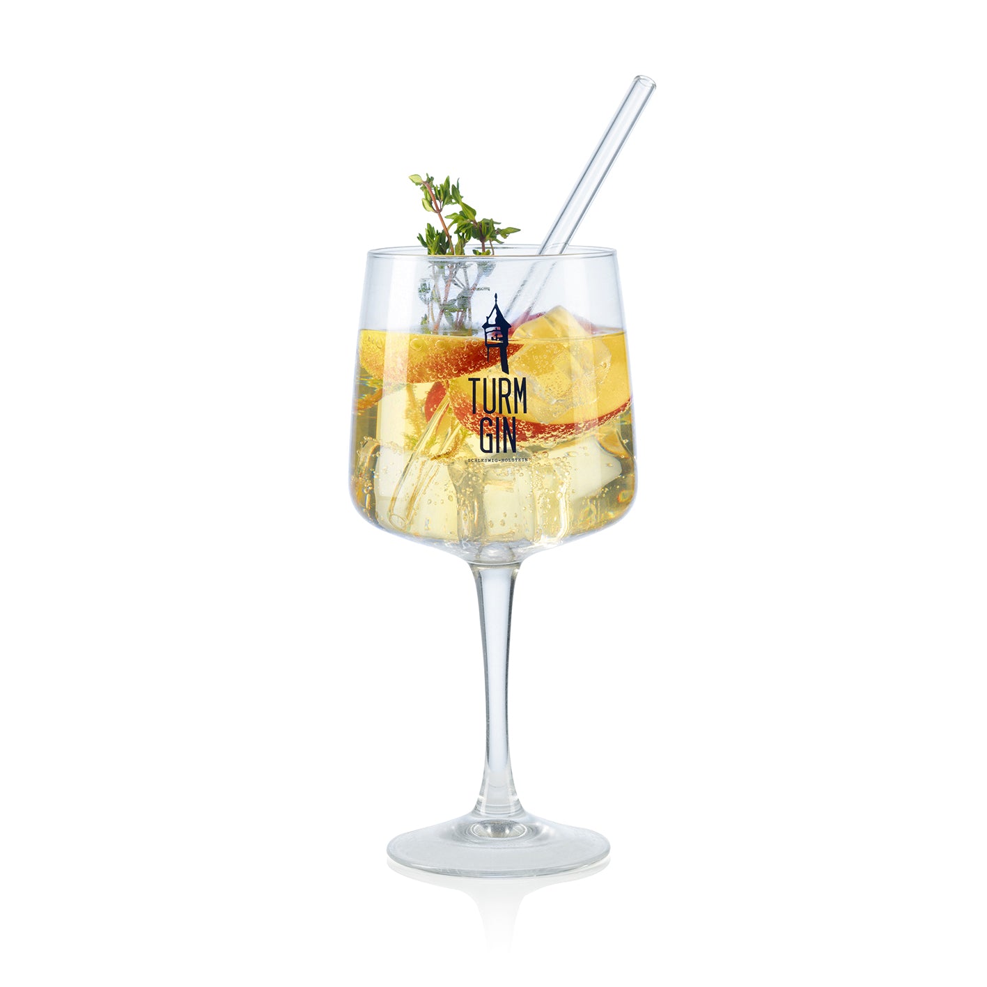 Copa Glas mit Logo und Schriftzug - 720 ml - 2er-Set, großes Stilglas im TURM GIN Design für Gin und Cocktails, spülmaschinengeeignet.