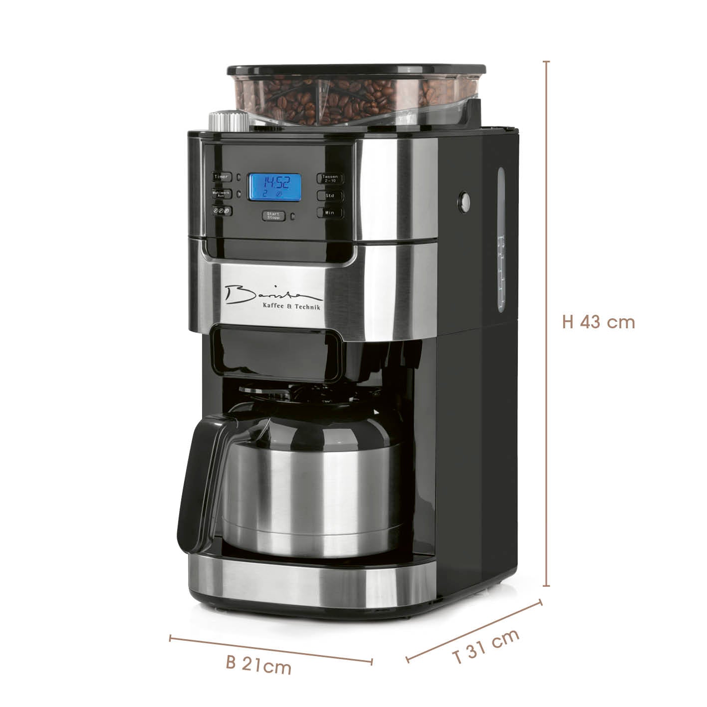 Kaffeemaschine mit Mahlwerk mit Isolierkanne - 1000 Watt, Edelstahl/schwarz, mit digitalem Display und 24-Stunden-Timer.