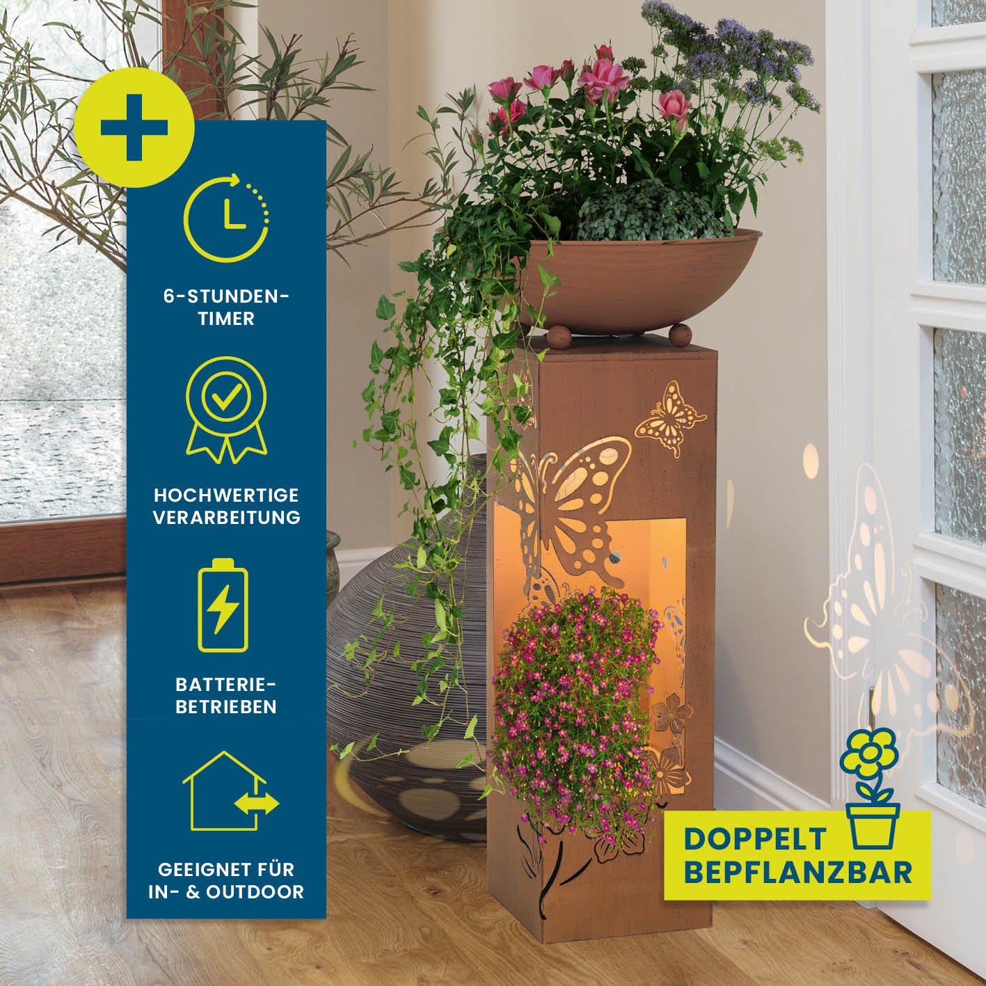 LED Pflanzsäule "Schmetterling" in 3D Rost-Optik mit abnehmbarer Pflanzschale, LED-Beleuchtung, Batteriebetrieb, für innen und außen.