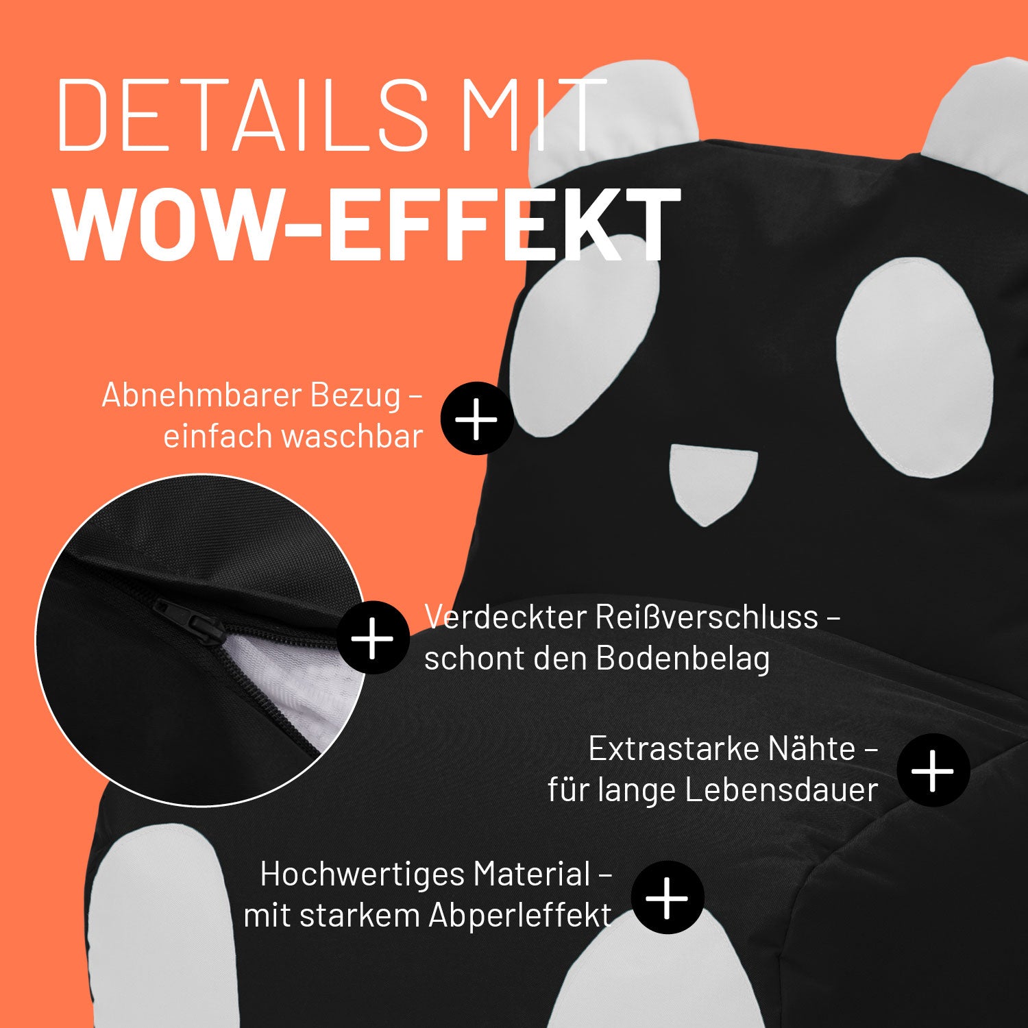 Kindersitzsack Animal Line Panda (180 L) mit abnehmbarem Bezug, verdecktem Reißverschluss und wasserabweisendem, robustem Material.
