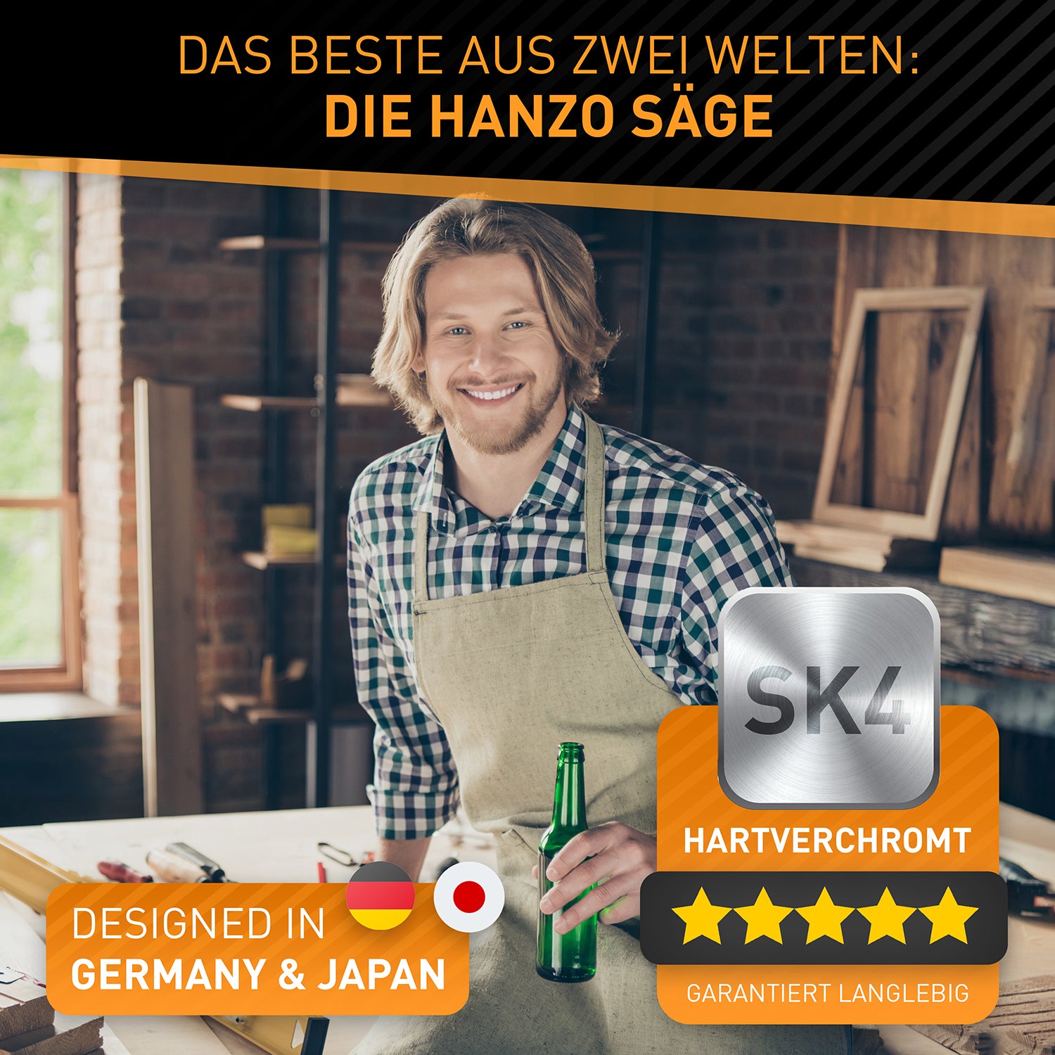 Japansäge aus Karbonstahl - Klappbare Feinsäge mit super-grip Griff, doppelseitig gezahnt, designed in Germany & Japan, langlebig und praktisch.