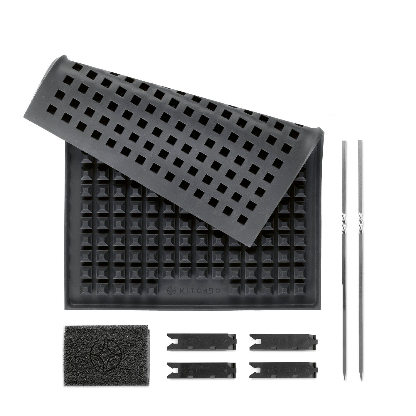 Starter Set - Silikon-Backmatte mit 2 Spießen, 4 Steinen und Schwamm für fettarmes, krosses Backen und vielseitige Nutzung.
