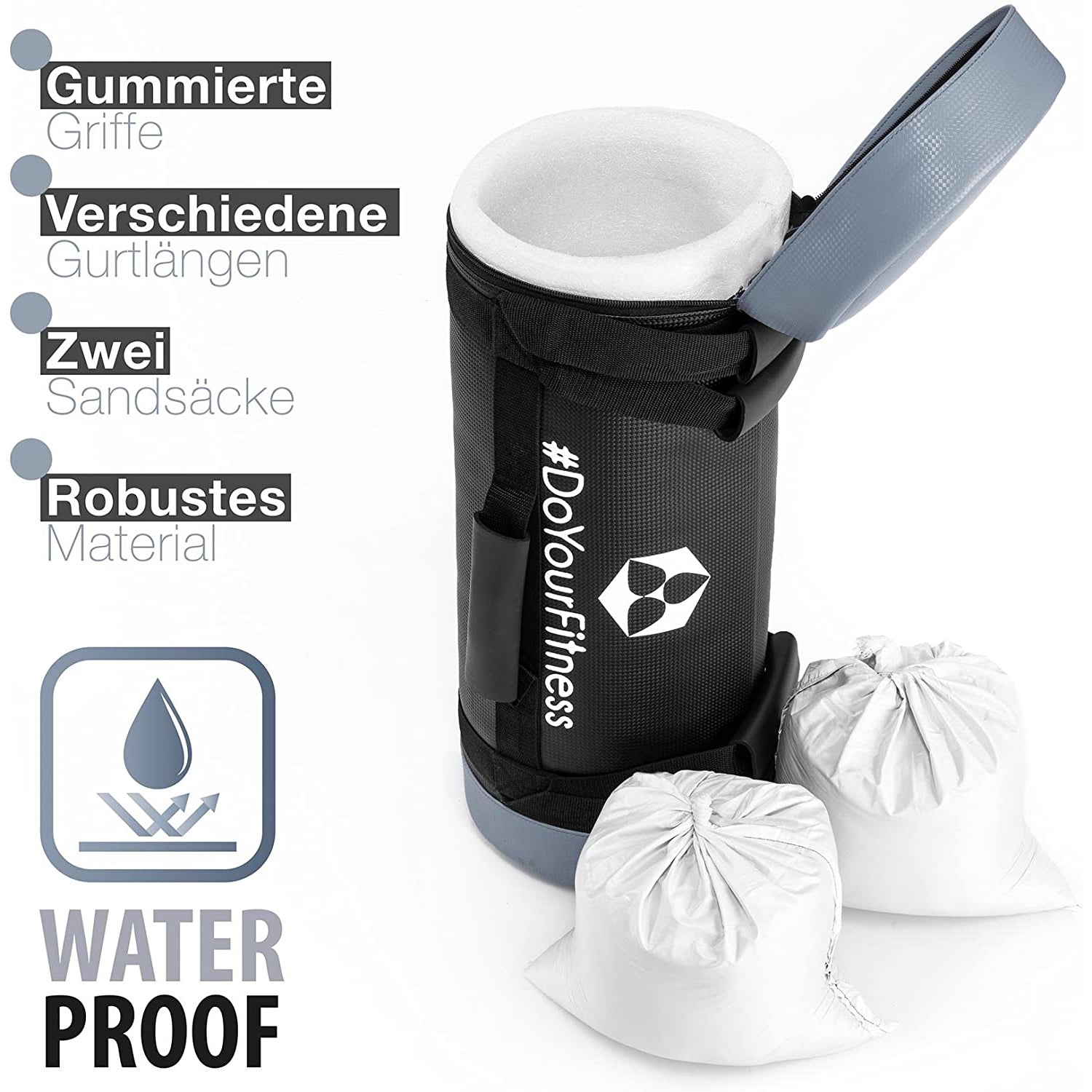 Corebag Sandsack Carolous - Fitness Power Bag 25 kg mit gummierten Griffen, verschiedenen Gurtlängen, robustem, wasserfestem Material und zwei Sandsäcken.