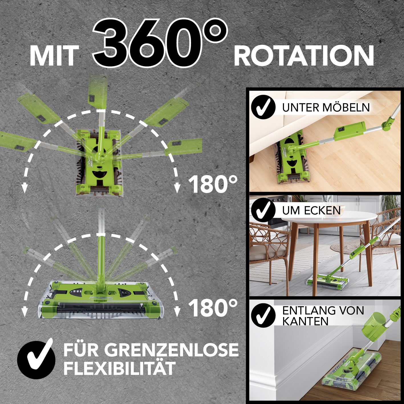 Akku-Besen Swivel Sweeper G2 + Ersatz-Akku limegreen mit 360° Rotation für flexible Reinigung unter Möbeln, an Ecken und Kanten.