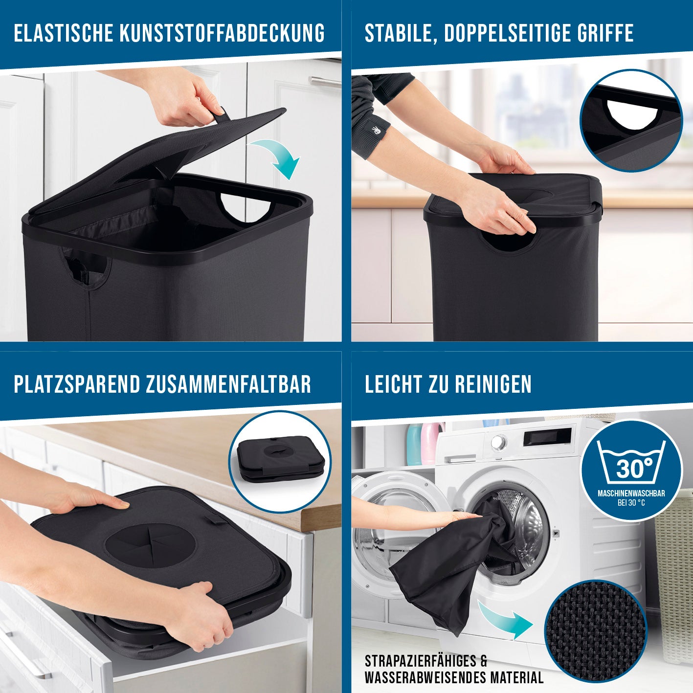 Pfandflaschen-Sammelbehälter - Schwarz, wasserabweisend, faltbar, mit elastischer Abdeckung und doppelten Griffen, leicht zu reinigen bis 30° Celsius.