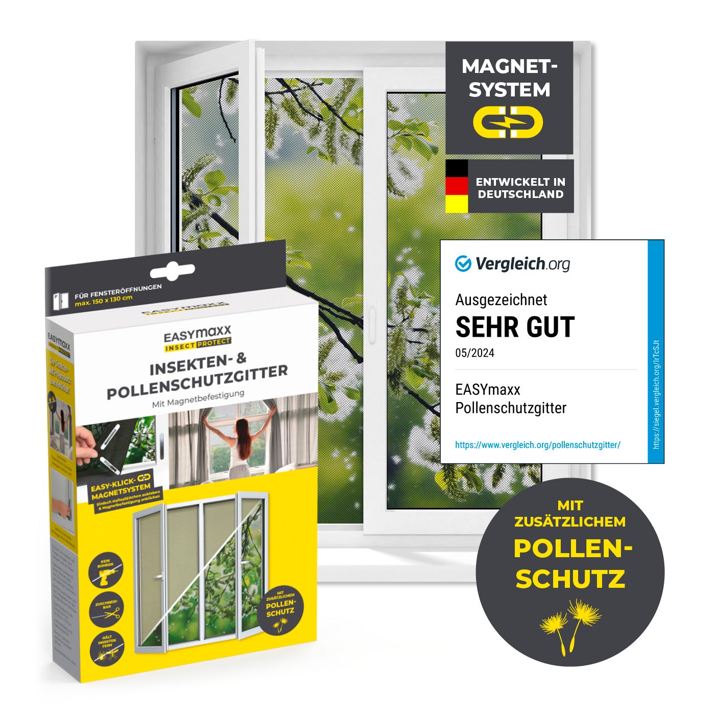 Insekten- & Pollenschutzgitter mit Magnetbefestigung für Fenster bis zu 130 x 150 cm, flexibel, luftdurchlässig und allergikerfreundlich.
