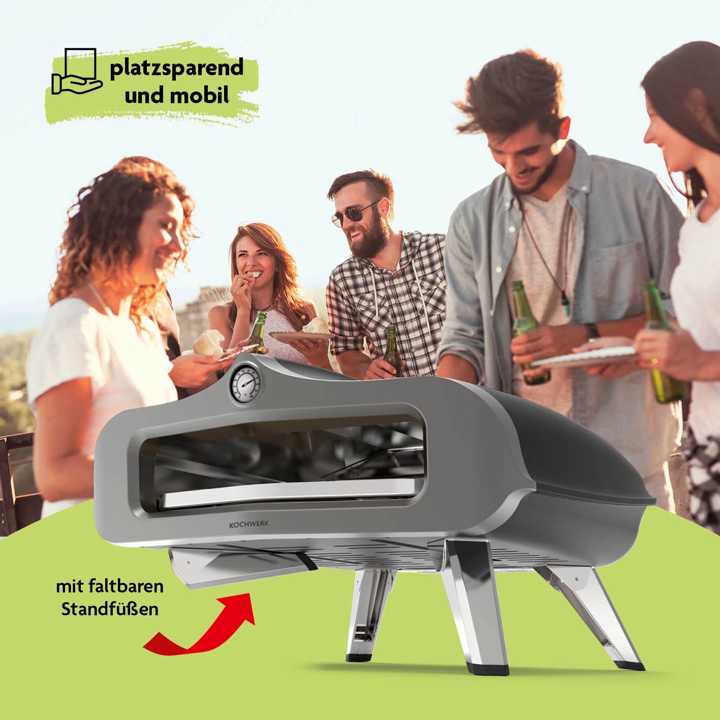 Gas-Pizzaofen für Pizzen bis zu Ø 34 cm mit Thermometer, faltbaren Standfüßen und Cordierit-Pizzastein für schnelles Backen bis 450°C.