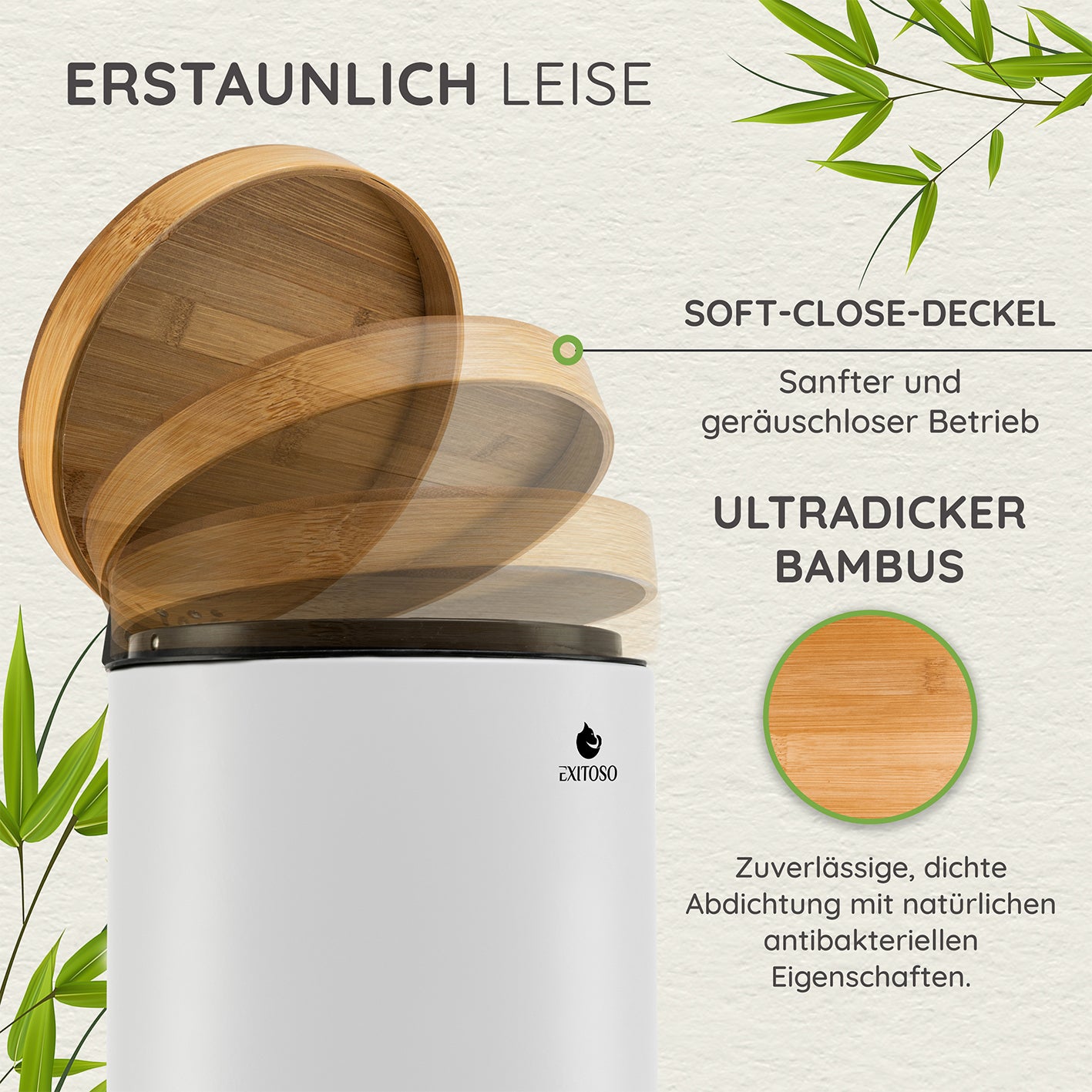 Tretmülleimer mit Softclose-Deckel - 5 l - Weiß mit geräuschlosem Bambus-Deckel und hochwertiger Abdichtung für hygienischen Betrieb.