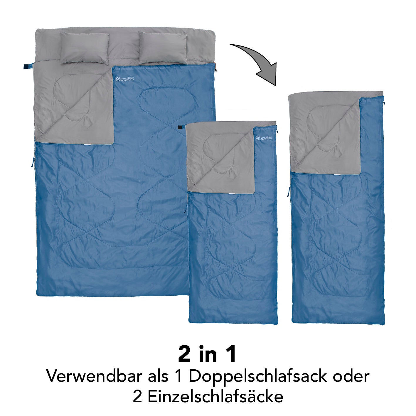 Doppelschlafsack mit Tragetasche - 2-Personen Schlafsack in Royalblau, wandelbar als Doppel- oder Einzelschlafsack.