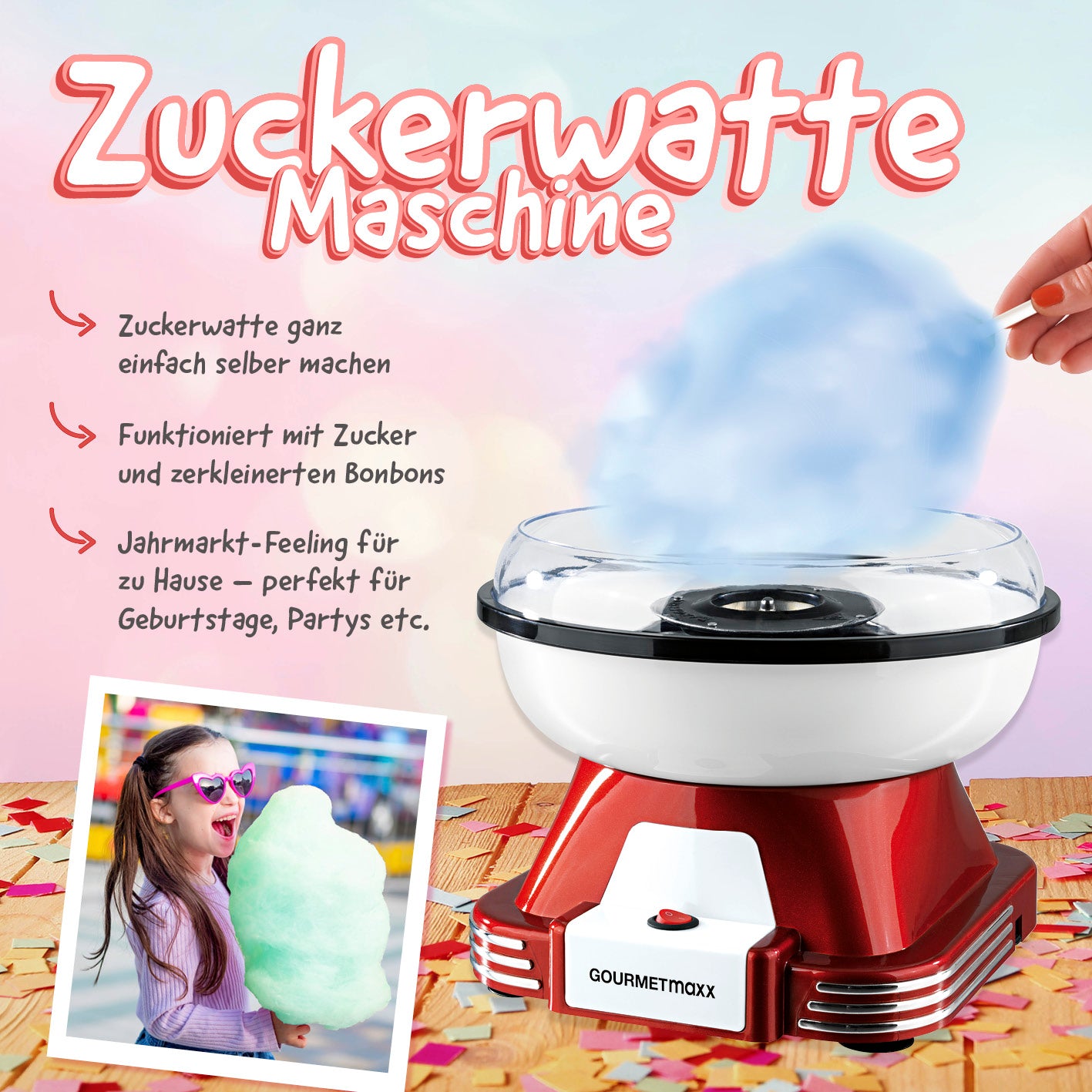 Zuckerwatte-Maschine - rot/weiß im Retro-Design mit abnehmbarer Schüssel und transparentem Spritzschutz für Zuckerwatte und Bonbons.
