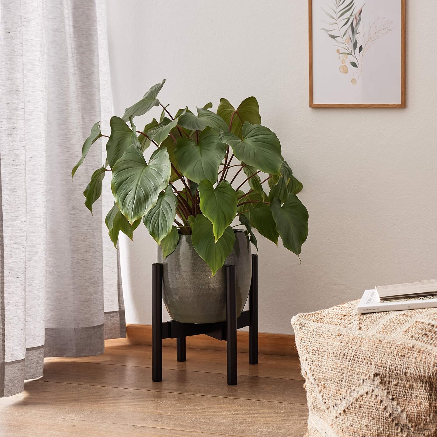Blumenständer aus Bambus - 30 x 30 x 35,5 cm - 3er-Set, schwarzer Pflanzenständer mit Pflanze, modern und stabil für Innenräume.