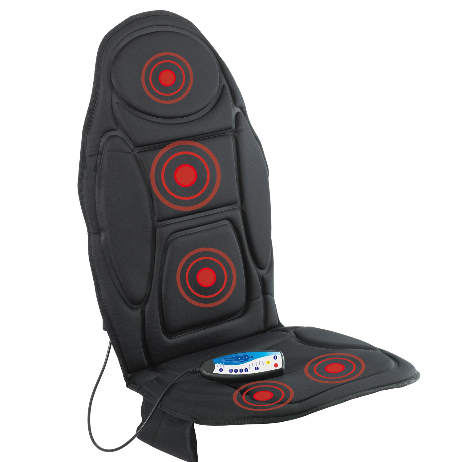 Massagematte mit Wärmefunktion in Schwarz mit 5 Vibrationsmotoren und Fernbedienung für angenehme Sitzmassage zu Hause oder Büro.