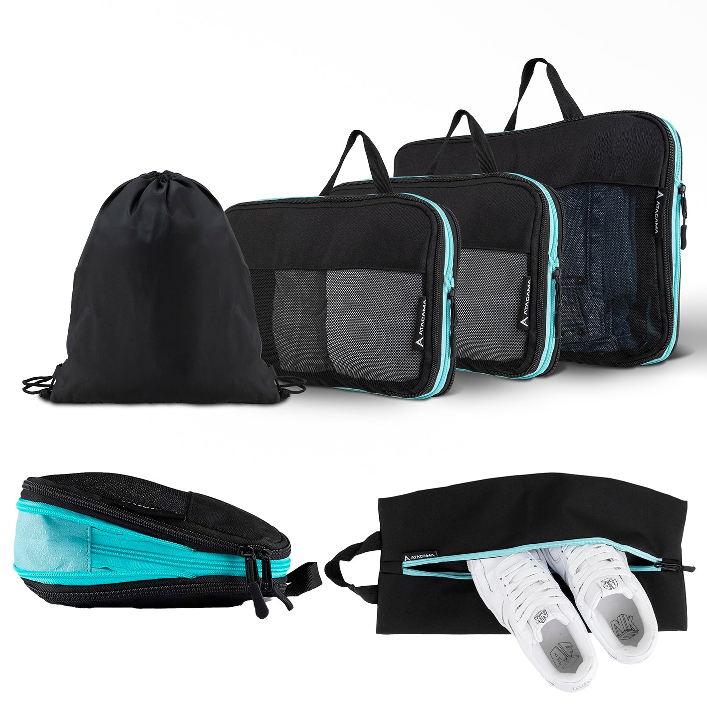 Packtaschen mit Kompression - 6er-Set - Schwarz, inklusive Nasswäschefach, leichtem Nylon und Sichtfenster für besseren Überblick.