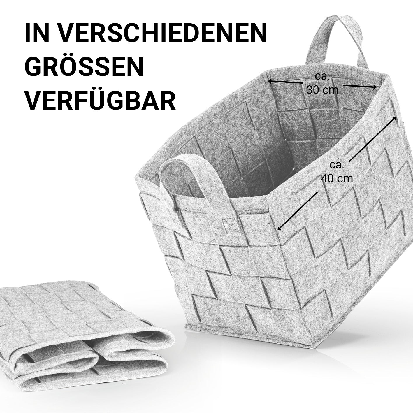 Filz-Aufbewahrungstasche L - 40 x 30 x 30 cm - Hellgrau, faltbarer, strapazierfähiger Filzkorb mit Tragegriffen, scandi Stil.