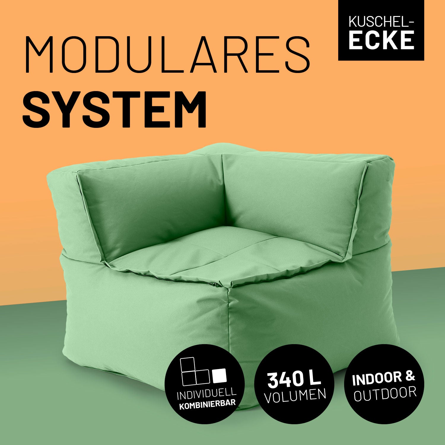 Sitzsack-Sofa Ecke (340 L) - Modulares System in Pastell Grün, indoor & outdoor, extragroß und flexibel kombinierbar