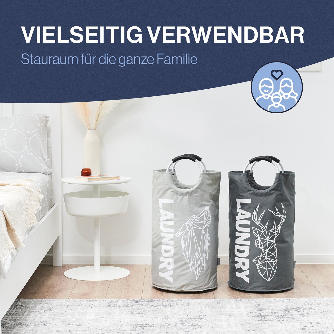 Faltbarer Wäschekorb - 2er-Set - Motiv Wolf & Hirsch, wasserabweisend, faltbar, robust mit Henkel, ideal für Wäsche und Aufbewahrung.