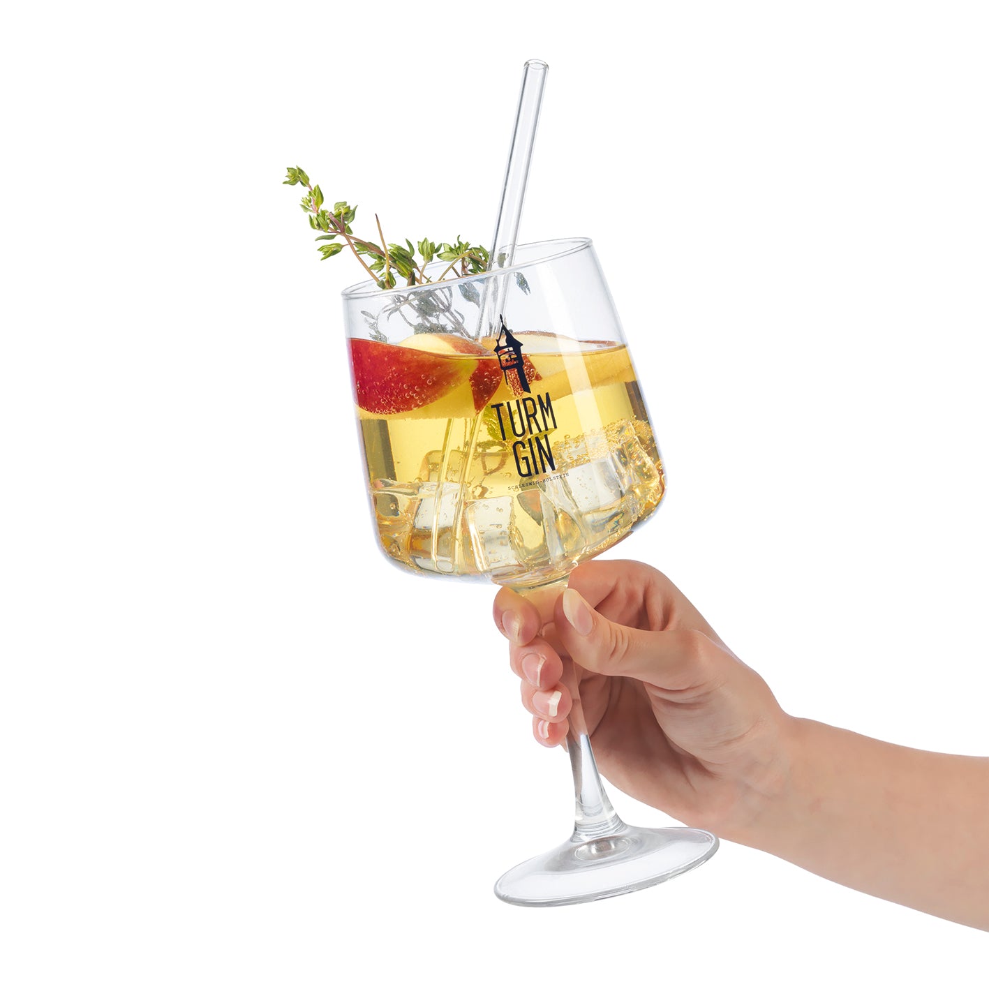 Copa Glas mit Logo und Schriftzug - 720 ml - 2er-Set, handgehaltenes stilvolles TURM GIN Glas mit Getränk und Dekoration.