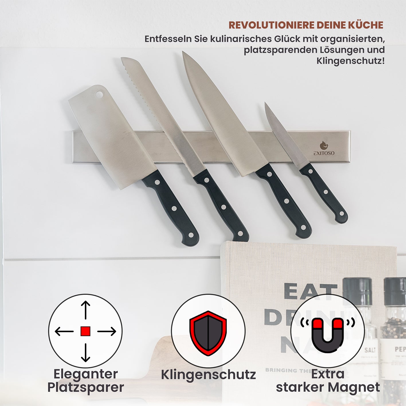 Edelstahl Magnetleiste für Messer – selbstklebend, starker Magnet, eleganter Platzsparer und Klingenschutz für die Küche.