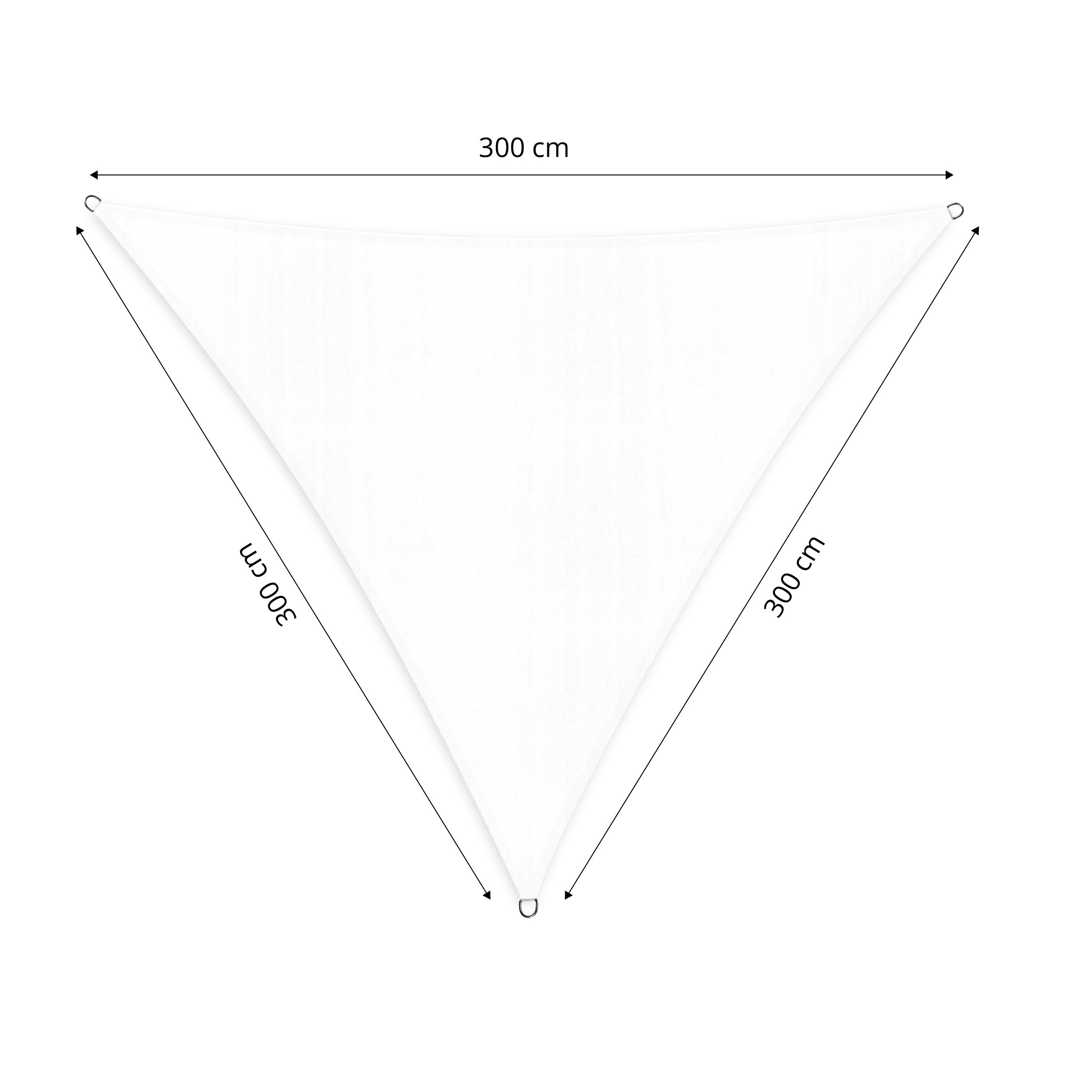 Sonnensegel 100% HDPE mit Stabilisator für UV-Schutz in Dreieckform 3x3x3 Meter, Farbe Weiß, mit Befestigungsringen.