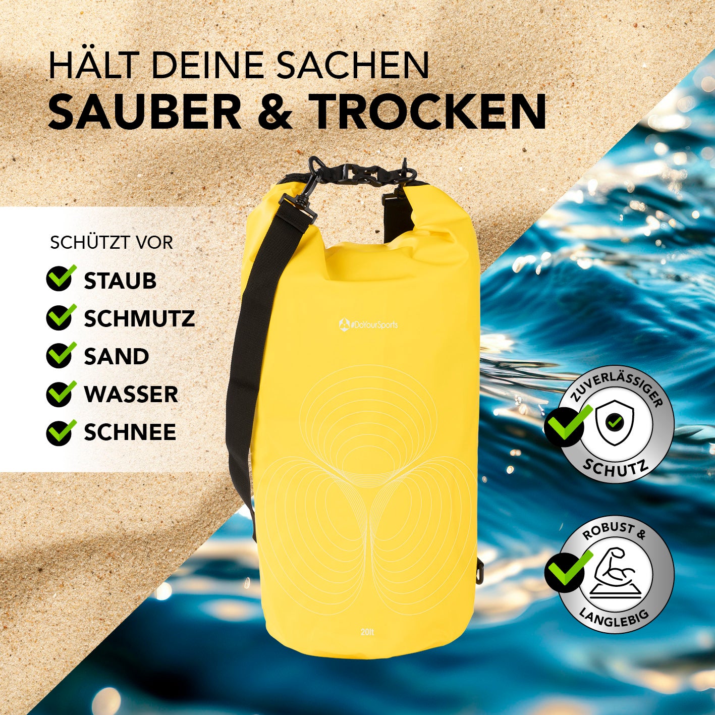 Dry Bag 20L - Gelb wasserdichter, robuster Outdoor-Rucksack mit Rolltop-Verschluss schützt vor Staub, Wasser, Sand und Schmutz.