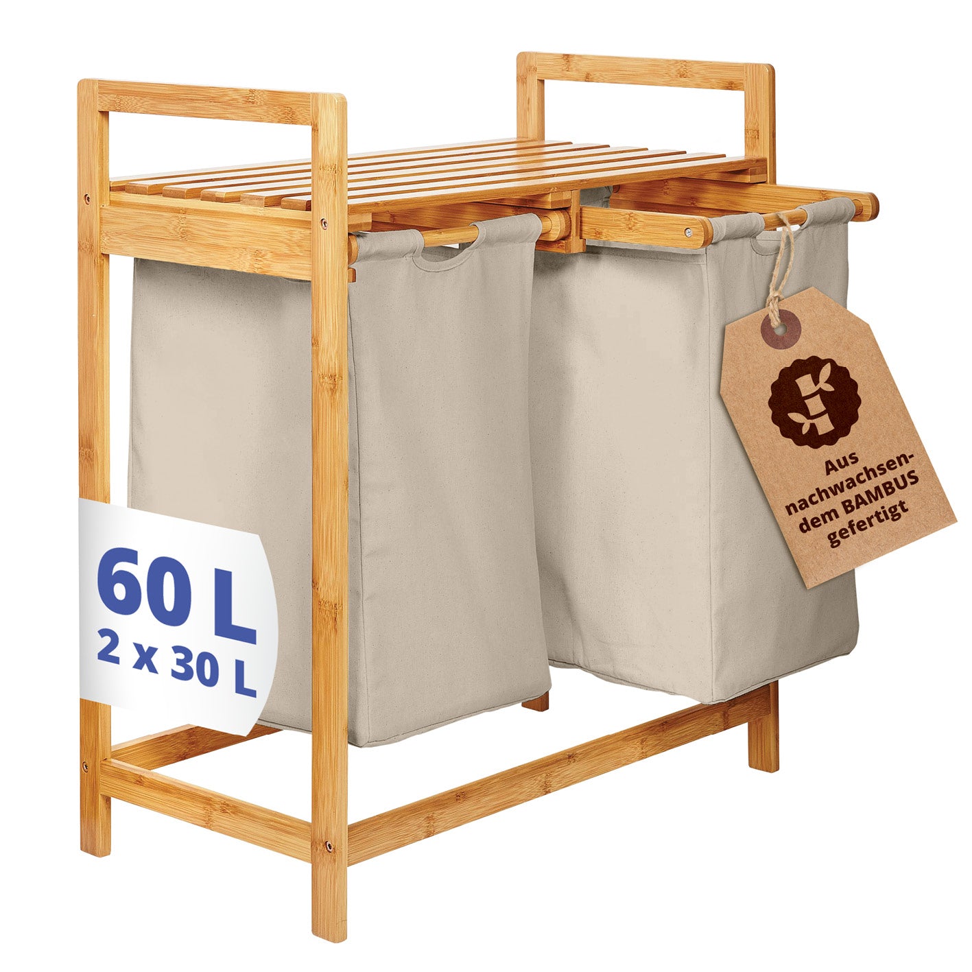 Bambus Wäschekorb mit 2 ausziehbaren Wäschesacken - 73 x 64 x 33 cm - Grau