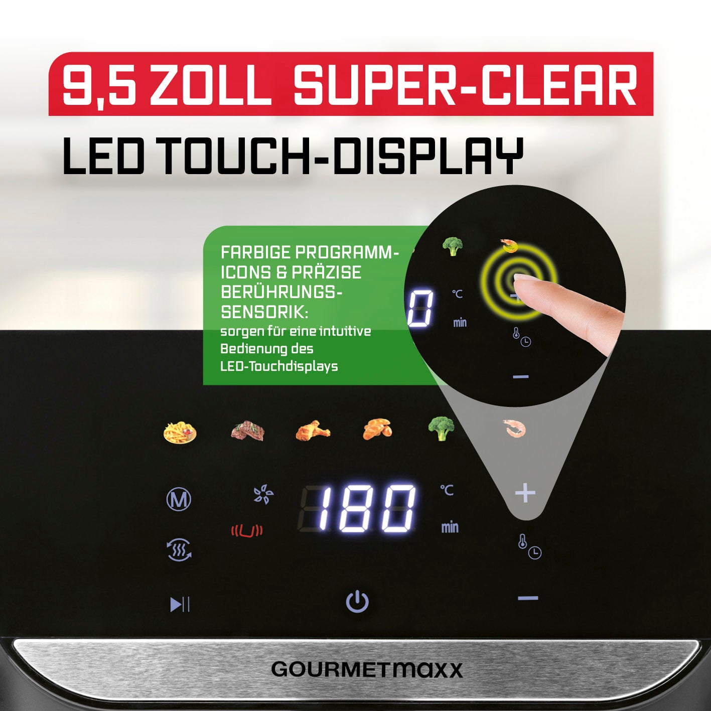 Heißluftfritteuse - 7,5 Liter mit 9,5 Zoll LED-Touchdisplay und farbigen Programm-Icons für einfache Bedienung.
