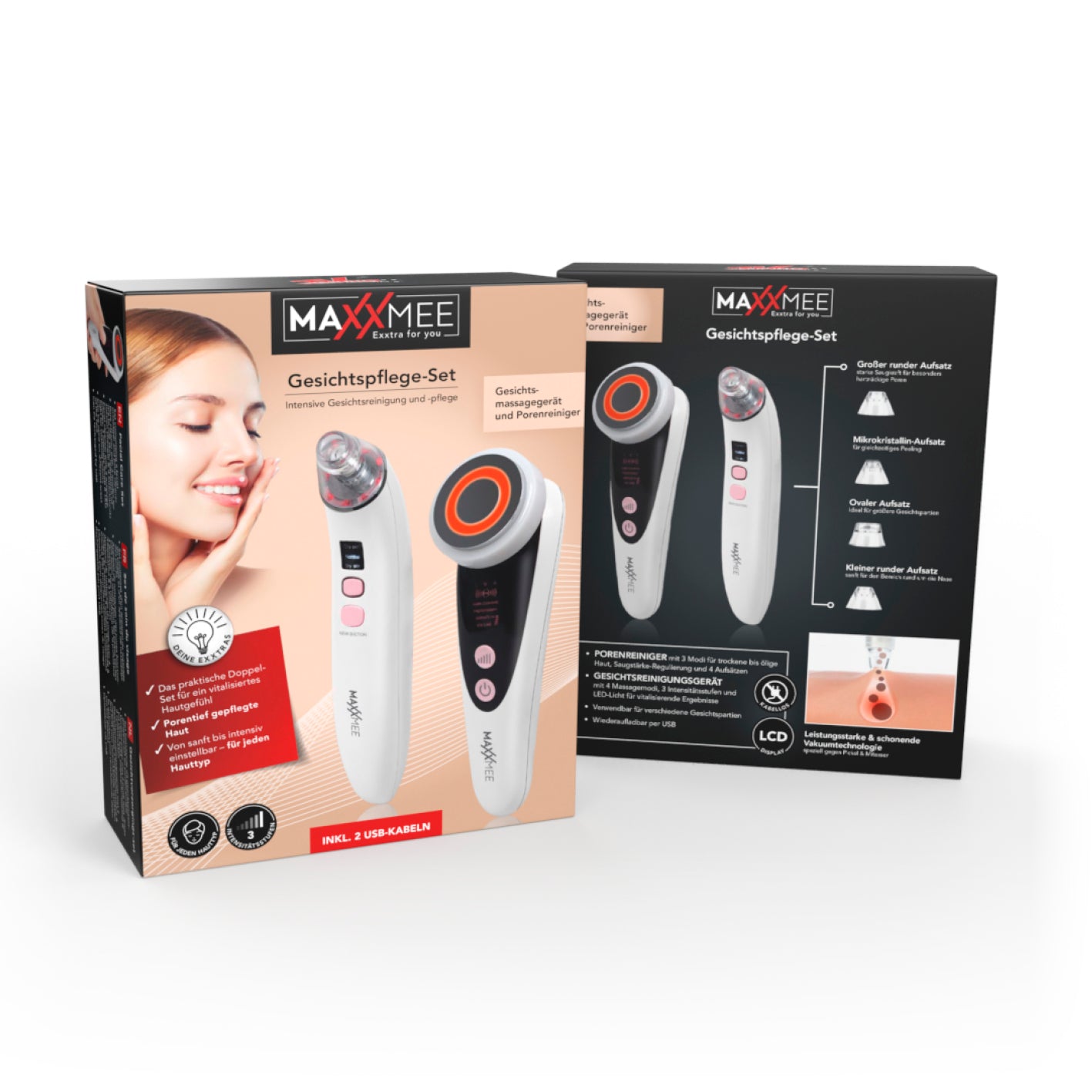 Gesichtspflege "Professional" mit 3 Modi - 2er-Set mit Gesichtsmassagegerät und Porenreiniger für effektive Hautpflege.
