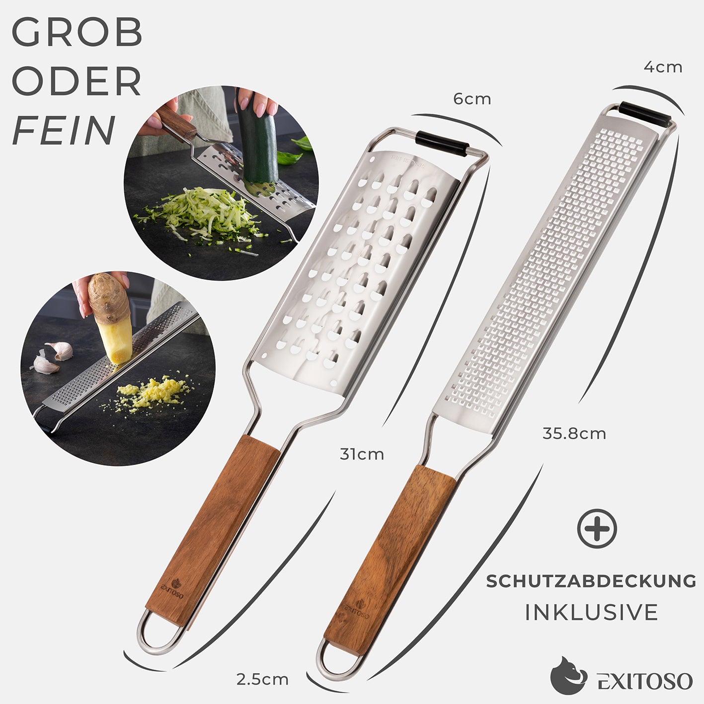Küchenreibe 2in1 Set aus Edelstahl mit Holzgriff, scharfe Klinge, rutschfester Griff, grob und fein, inkl. Schutzabdeckung.