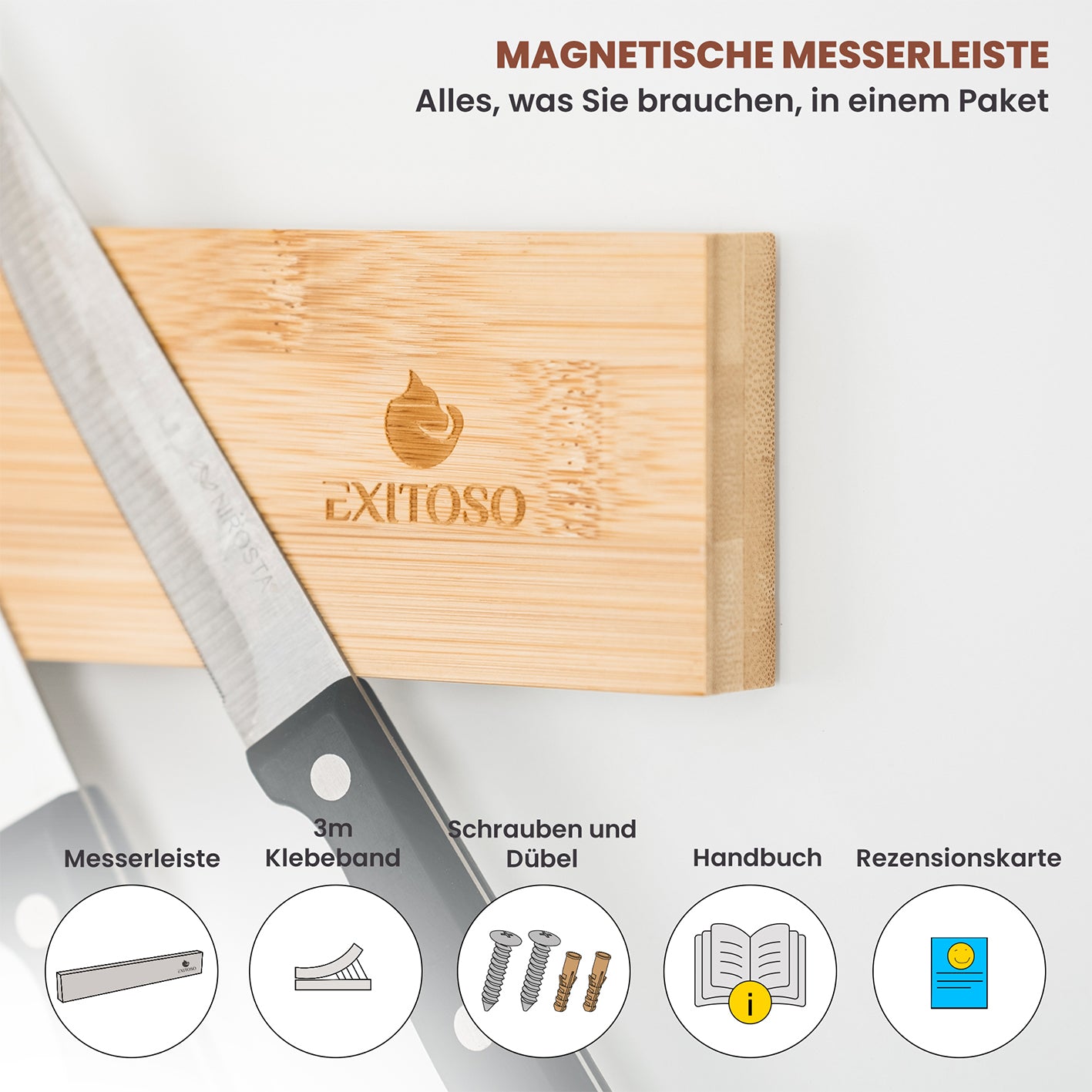 Messer-Magnetleiste - selbstklebend - Bambus - 40 cm mit starkem Magnet für Messer und praktischem 3M-Klebeband zur einfachen Montage.