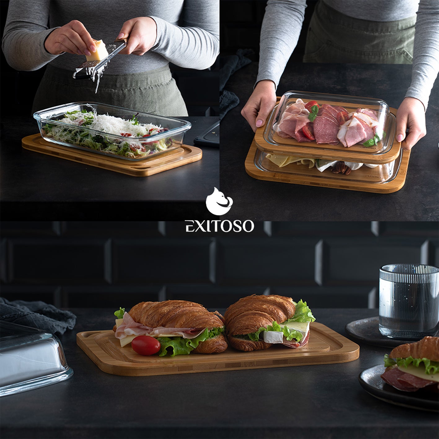 Multifunktionsbrett mit Glaskuppel - 2er Set aus Bambus und Glas, stapelbar, plastikfrei für frische Lebensmittel und stilvolles Servieren.