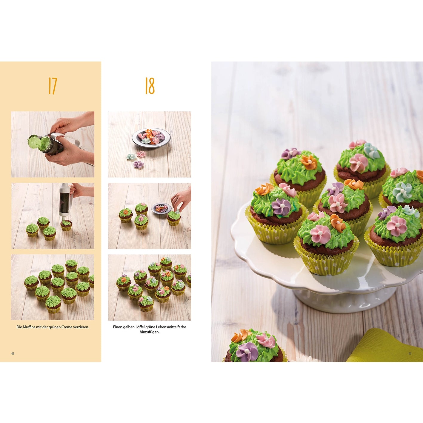 Rezeptbuch Band 8 zeigt kreative Motivkuchen mit grüner Creme und bunten Blumen, ideal zum Selbermachen für Kinder ab 3 Jahren.
