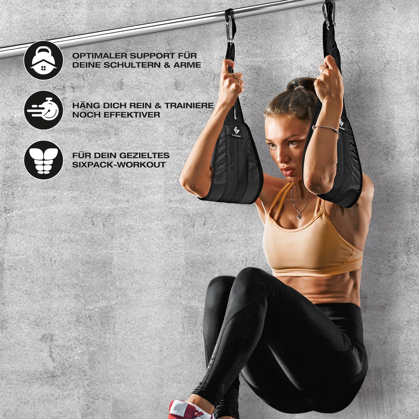 Bauchtrainingsschlaufen mit Karabinerhaken, gepolstert für Sixpack-Training, entlasten Schultern & Arme, ideal für Hanging Leg Raises.
