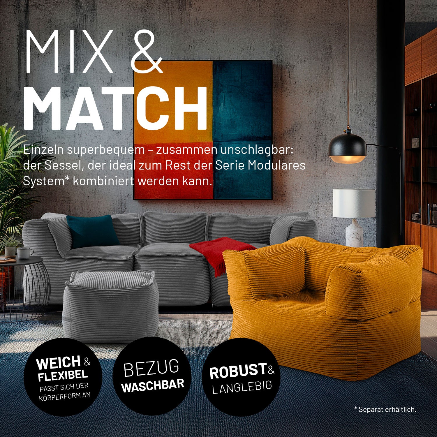 Modularer Sessel aus der Cord-Reihe - Senfgelb mit waschbarem Bezug und robustem Design, perfekt für modernes Zuhause und modularen Einsatz.