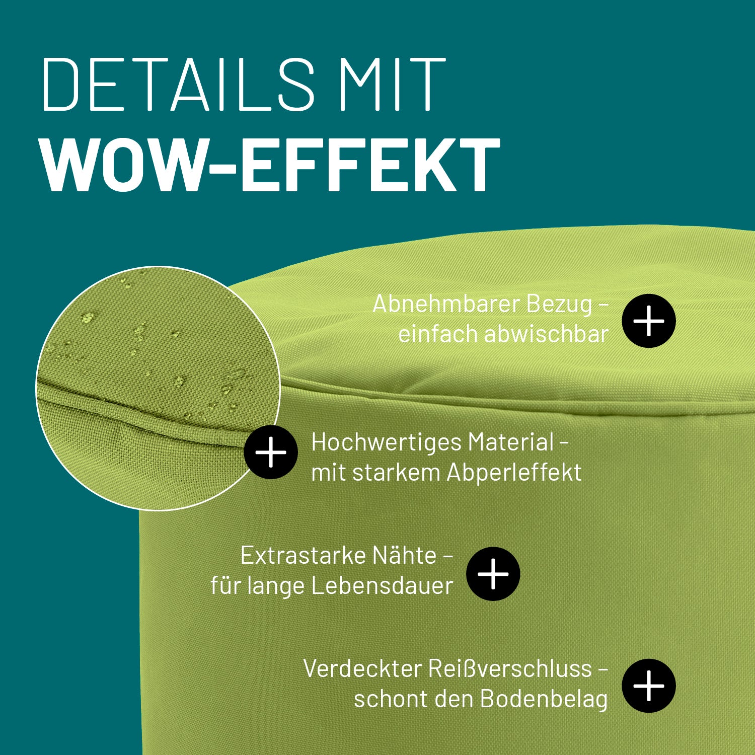Sitzsack-Hocker/Pouf (50 L) Grün mit abnehmbarem Bezug, wasserabweisendem Material, extra starken Nähten und verdecktem Reißverschluss.