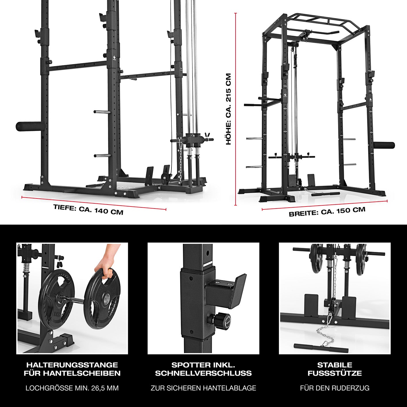 Power Rack mit Latzug, Kabelzug, Klimmzugstange, 28-fach verstellbar, Safety Bars und Ablage für Hantelscheiben.