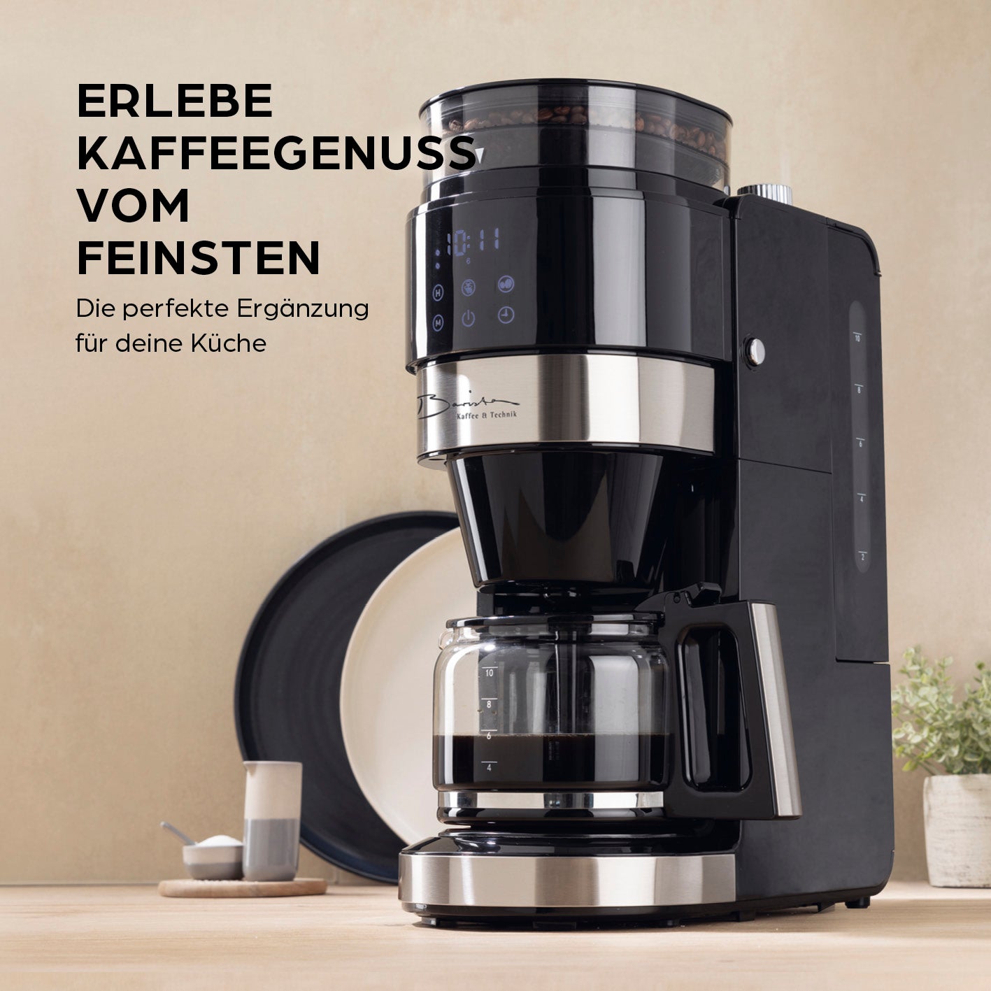 Filterkaffeemaschine Grind mit integriertem Mahlwerk, LED-Touchdisplay, Timerfunktion und Glaskanne für frischen Kaffeegenuss.
