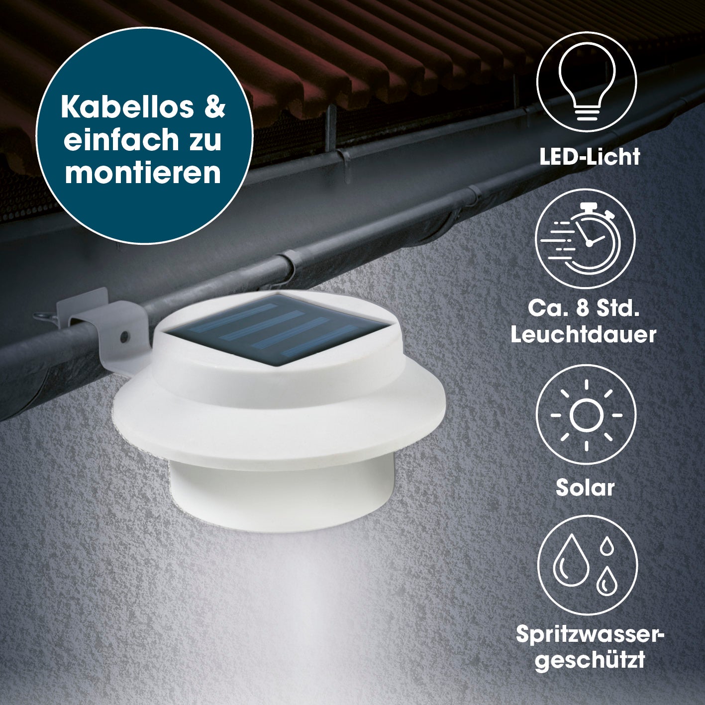 Dachrinnen-Leuchten - 3er-Set mit solarbetriebenem LED-Licht, kabellos, spritzwassergeschützt und bis zu 8 Stunden Leuchtdauer.