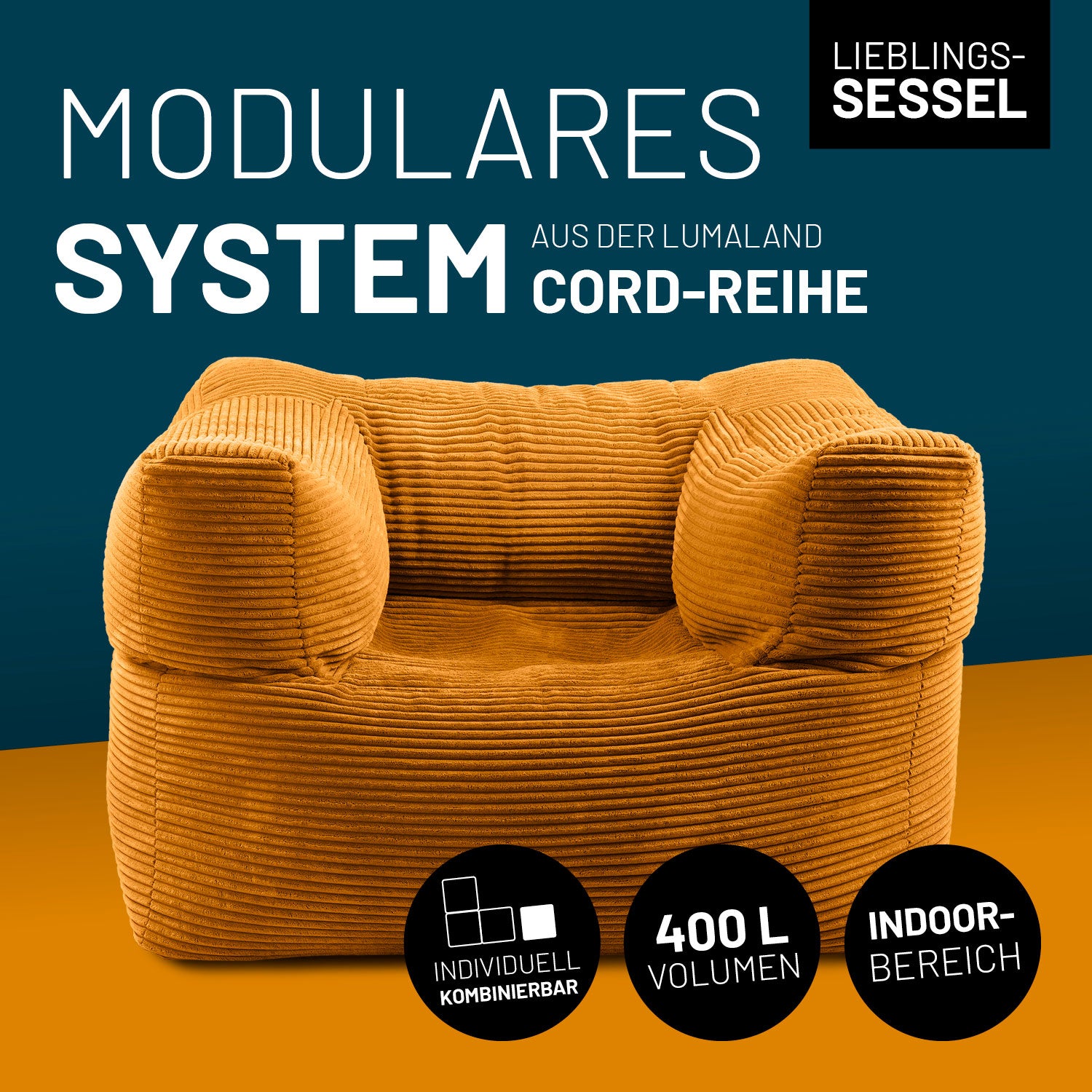 Modularer Sessel aus der Cord-Reihe - Senfgelb, 400L Volumen, indoorfähig, mit robustem Bezug und weicher EPS-Perlenfüllung.