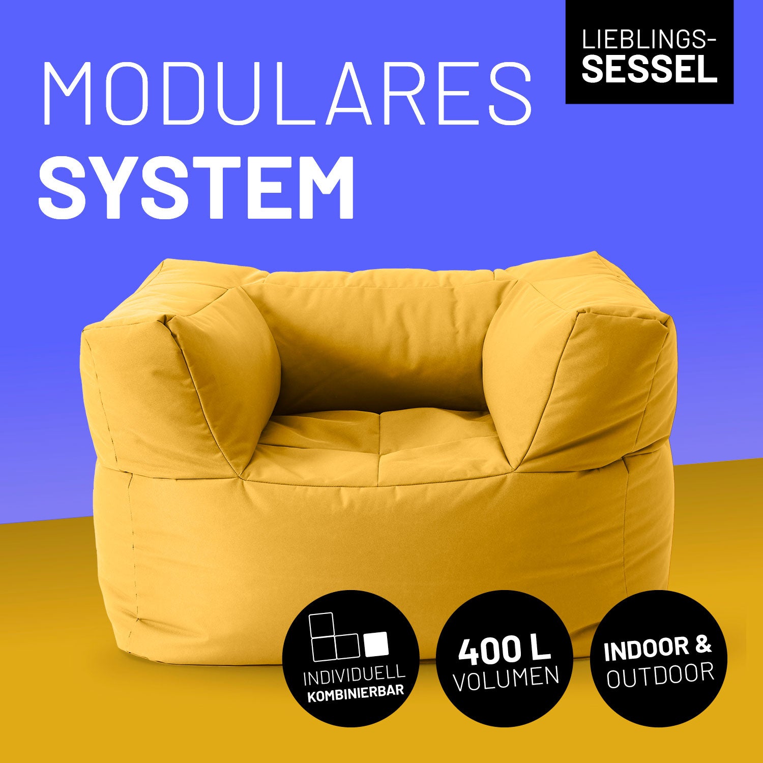 Sitzsack-Sofa Sessel (400 L) - Modulares System - indoor & outdoor - Senfgelb, großer bequemer modularer Sessel mit robustem Bezug