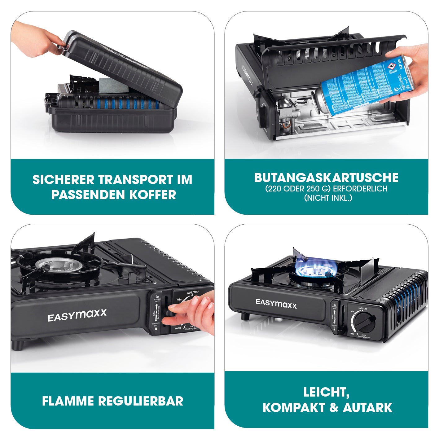 Gaskocher tragbar 2500W - Schwarz mit stabilem Metallgehäuse, Piezozündung, stufenloser Flammenregulierung und transportablem Koffer.