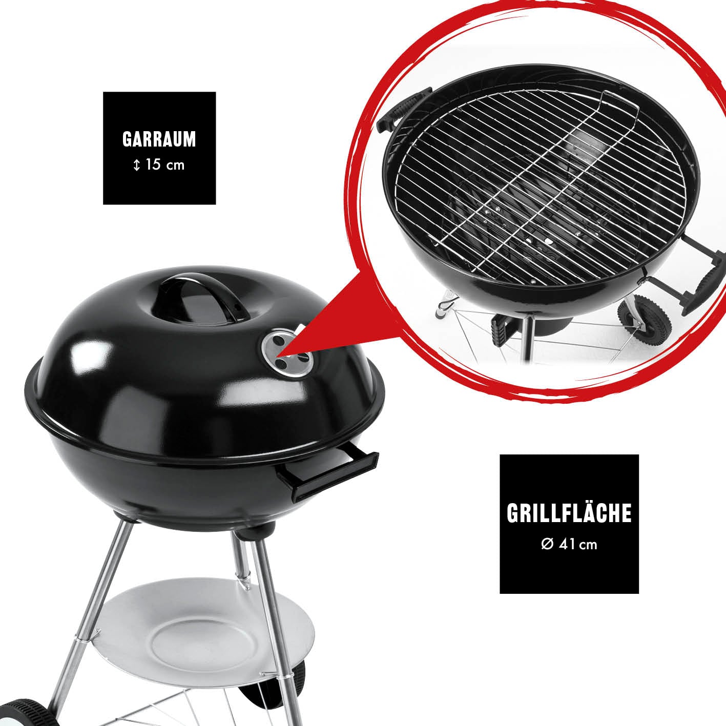 Holzkohle-Kugelgrill mit 41 cm Grillfläche, integriertem Lüftungsregler und stabilem Dreibein-Stativ für 4-6 Personen.
