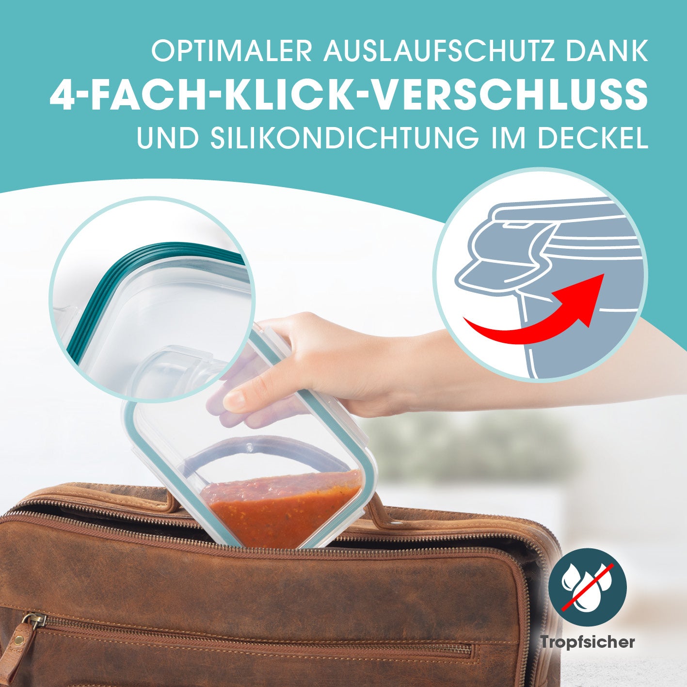 Glas-Frischhaltedosen mit Mikrowellenventi Klick-it 6-tlg. mit 4-fach-Klickverschluss und Silikondichtung, tropfsicher für sicheren Transport.