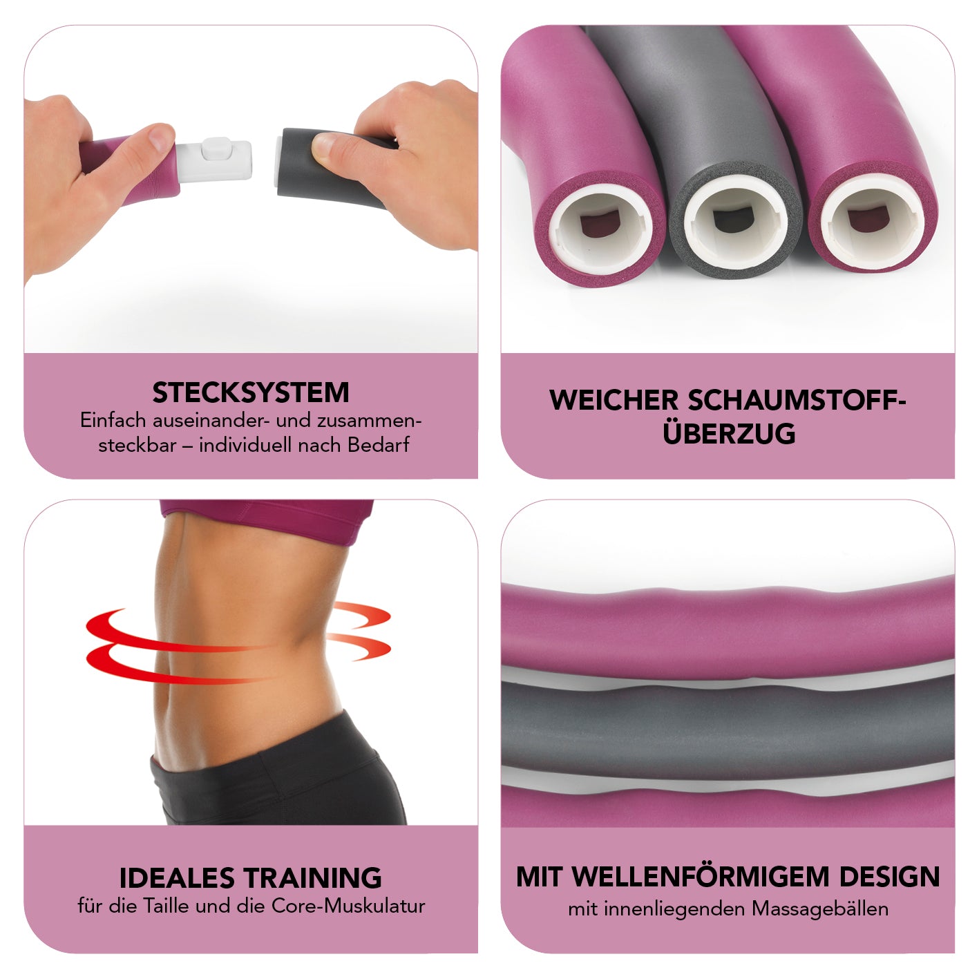 Hula Hoop Reifen verstellbar - 100 cm - lila mit Stecksystem, weichem Schaumstoff und wellenförmigem Design mit Massagebällen für Core-Training.