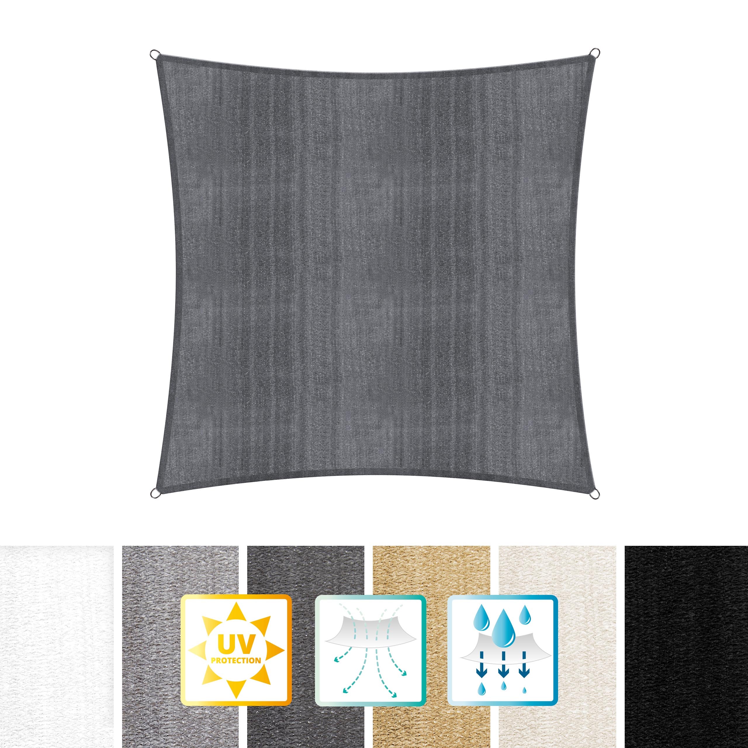 Sonnensegel 100% HDPE mit Stabilisator für UV-Schutz - Quadrat 3 x 3 Meter - Dunkelgrau, reißfest und mit rostfreien Ringen.