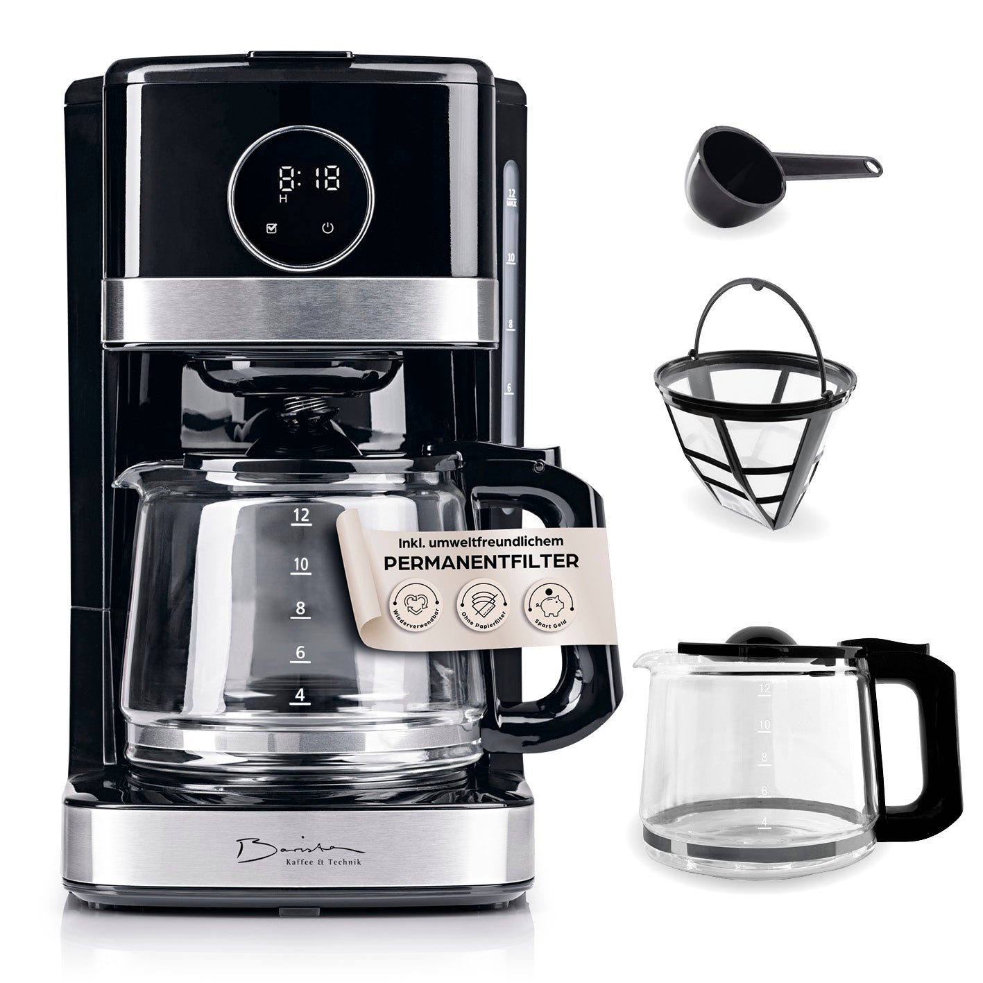 Filterkaffeemaschine Touch mit digitalem LED-Touchdisplay, großem Wassertank und umweltfreundlichem Permanentfilter.