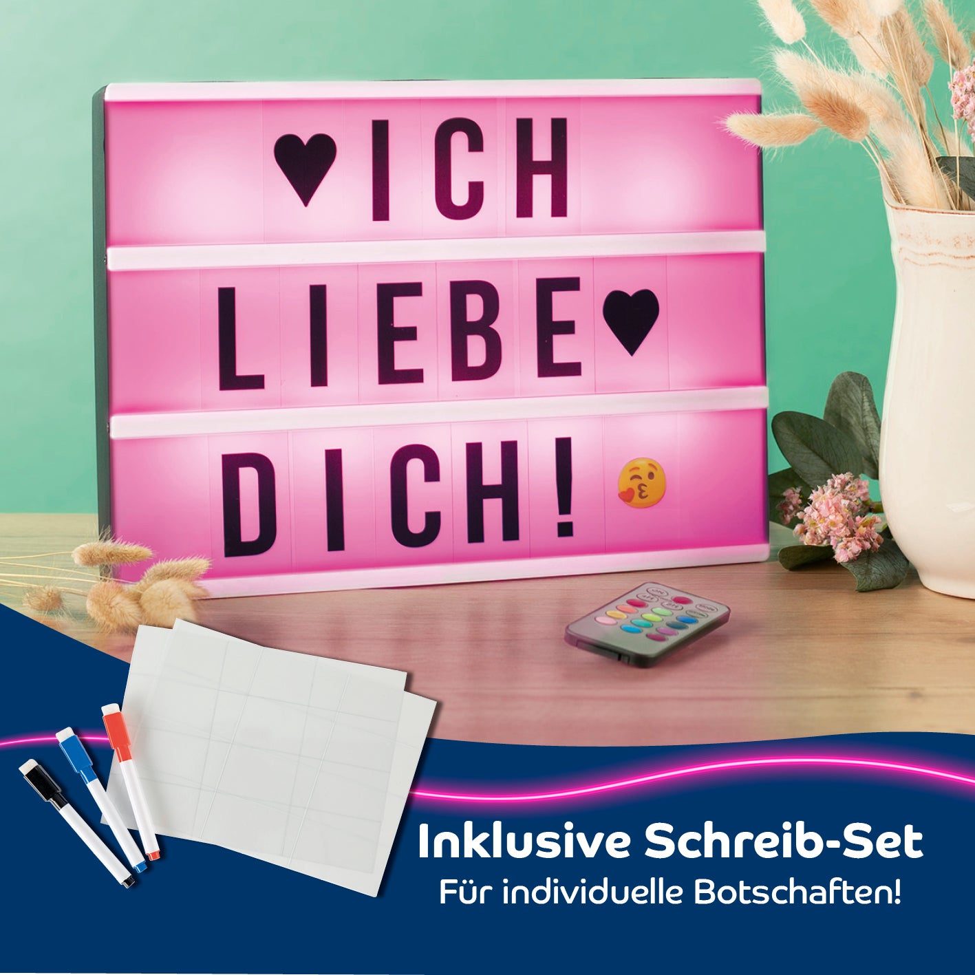 LED-Leuchtkasten A4 mit 173 Buchstaben, Zahlen & Symbolen & 150 bunten Mood Pics inkl. Schreib-Set, individuell beschriftbar, pink leuchtend.