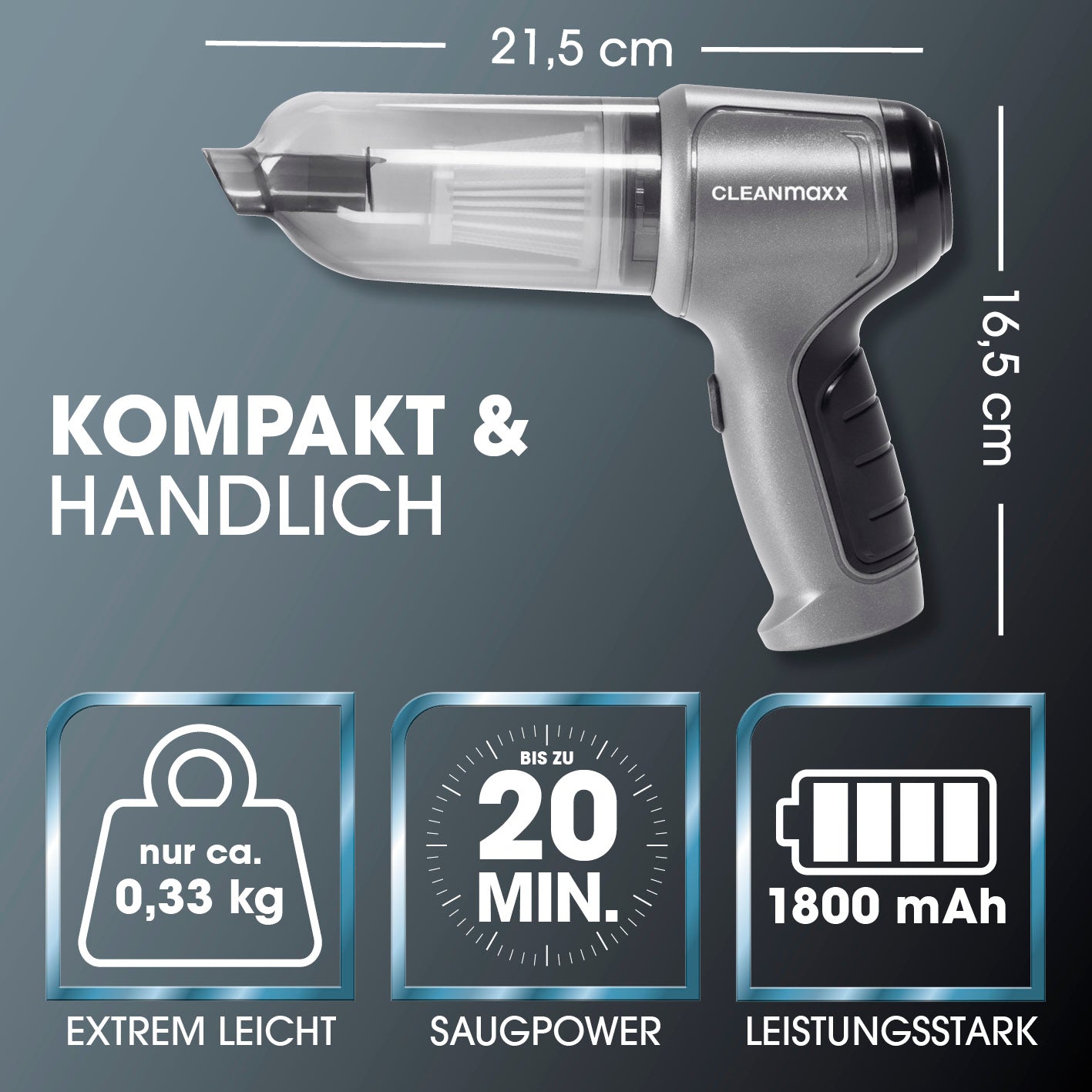 3-in-1-Akkusauger von CLEANmaxx, kompakt, handlich, 20 Min. Saugleistung, 1800 mAh Akku, kabelloser Handstaubsauger mit hoher Saugkraft.