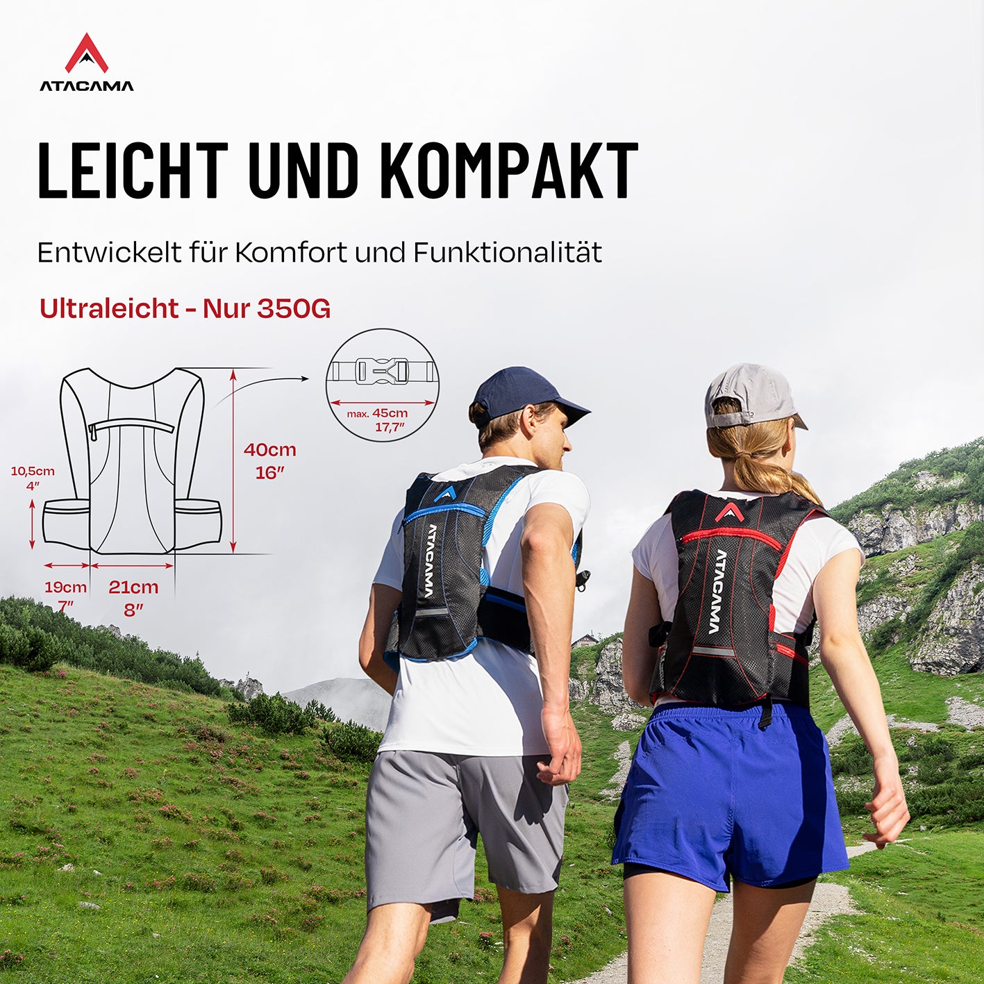 Trinkrucksack für 2 L Trinkblase - Rot, ultraleicht, kompakt, wasserfest, mit Air-Flow Polsterung für Wanderungen und Sportarten.