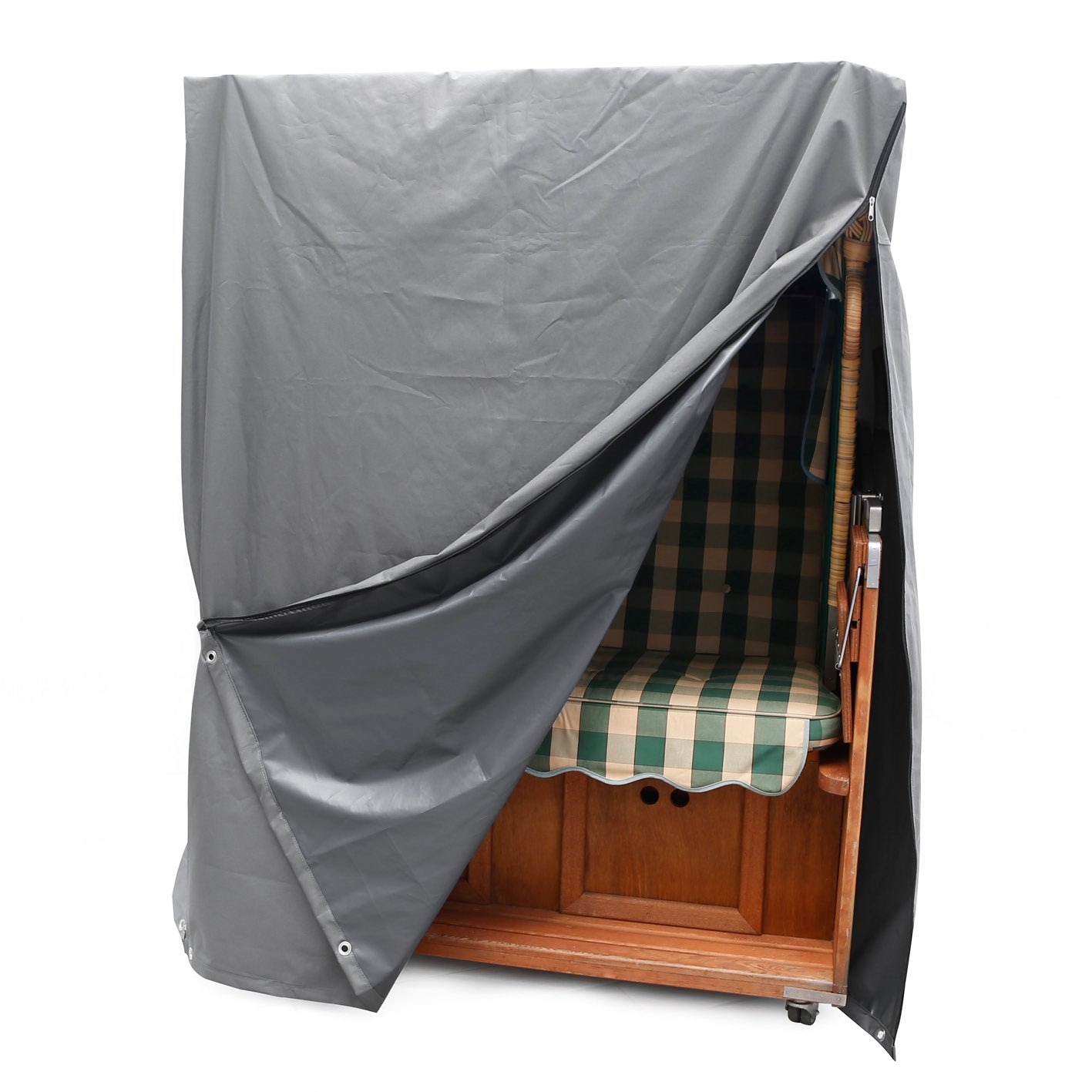 Strandkorb Schutzhülle L/XL grau, robustes 600D Kunststoffgewebe, wasserfest, UV-beständig, mit Ventilationsfenstern und Reißverschlüssen.