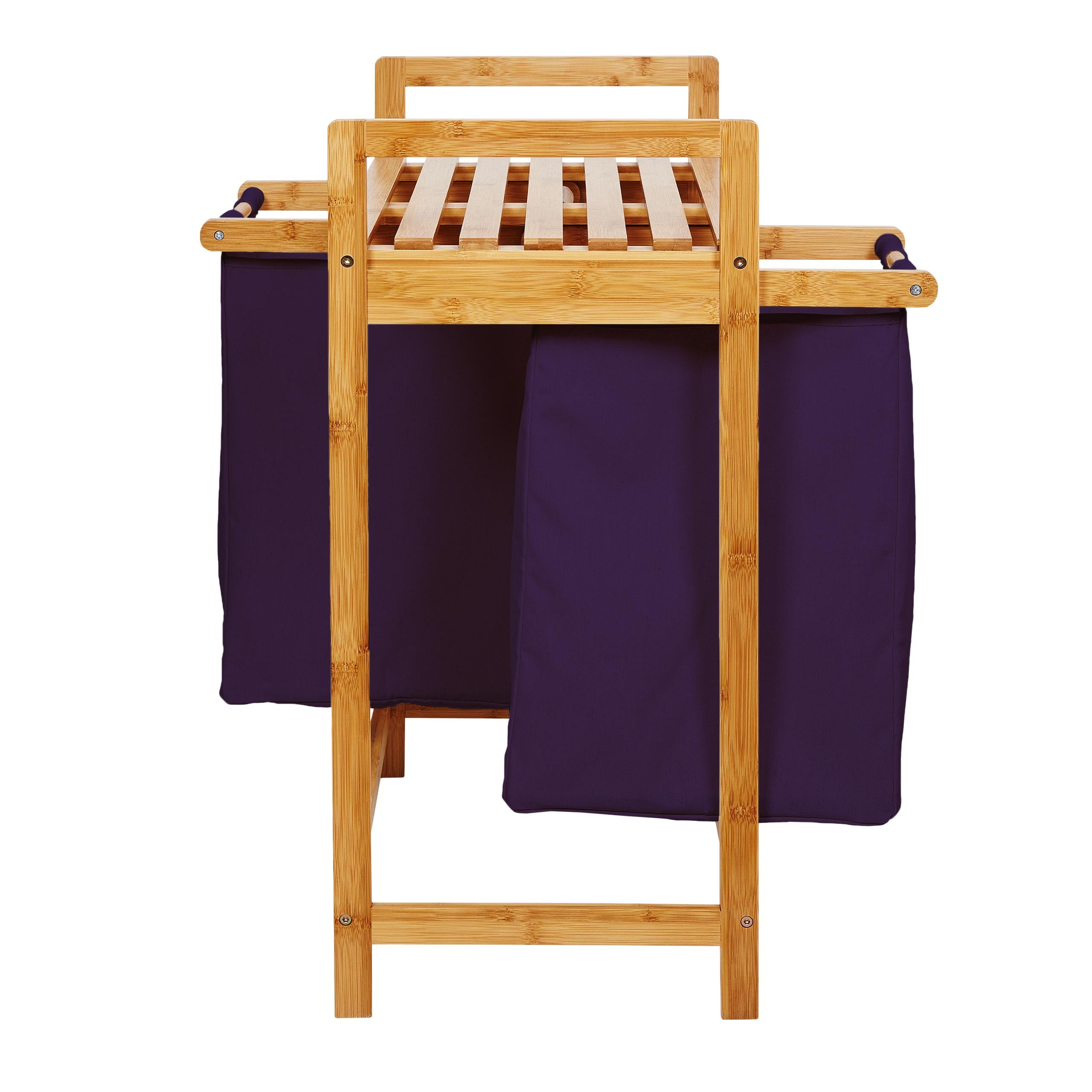 Bambus Wäschekorb mit 2 ausziehbaren lila Wäschesäcken, 73 x 64 x 33 cm, stabil und pflegeleicht aus nachwachsendem Bambus.